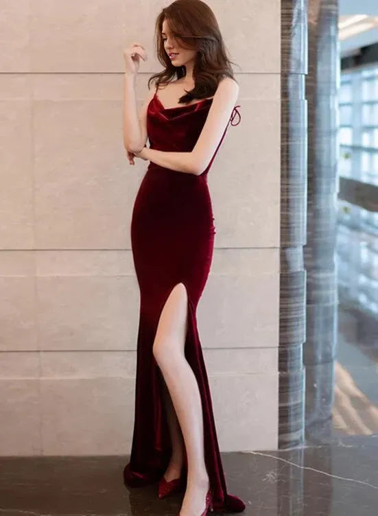 Robe de soirée longue et sexy en velours bordeaux pour femme, style sirène, fendue, dos nu, style bal de promo, robes de soirée, magasins
